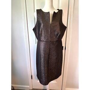 Metaphor Metallic Sleeveless Split Neck Stretch A-Line Dress Bronze Black Sz L